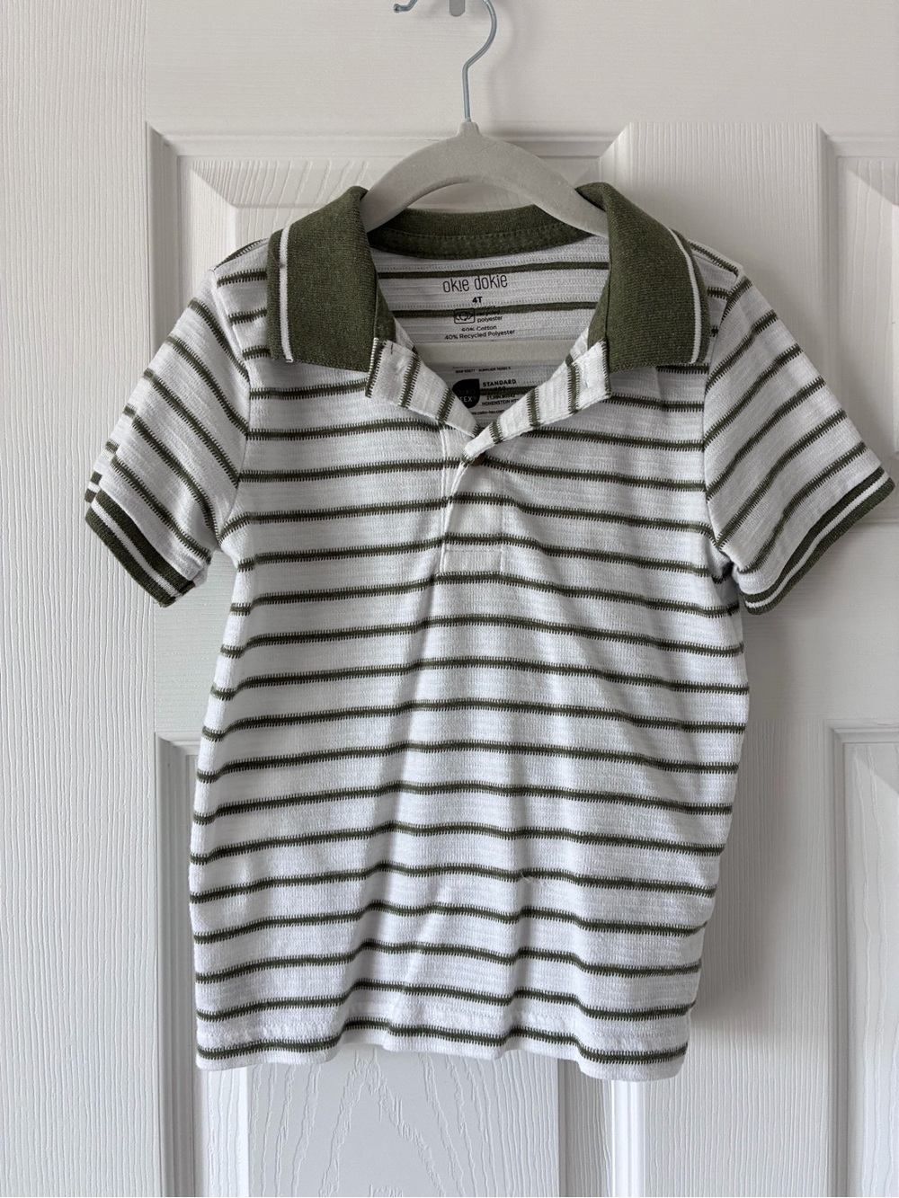 okie dokie White & Olive Green Striped Polo